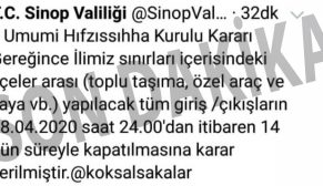 Tüm Sinop ve İlçelerine Giriş Çıkışlar Kapatıldı